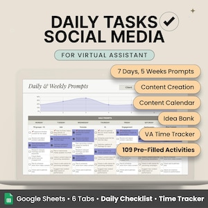 May include: A computer screen displaying a Google Sheets spreadsheet with a blue and purple graph and a checklist for daily social media tasks. The spreadsheet is titled "Daily Tasks Social Media for Virtual Assistant" and includes sections for content creation, content calendar, idea bank, VA time tracker, and 109 pre-filled activities.