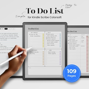 May include: A digital planner for Kindle Scribe, featuring a "To Do List" layout. The image shows a hand using a stylus on the tablet, with the text "To Do List" at the top. The planner includes sections for daily tasks, projects, and notes. The image also shows the text "109 Pages".