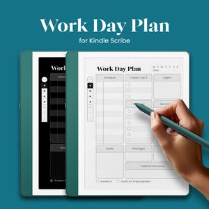 May include: A black and white digital planner template for Kindle Scribe, with sections for schedule, today's top 3, notes, messages, urgent, reminders, and tasks for tomorrow. The template is displayed on a Kindle Scribe e-reader with a green case.