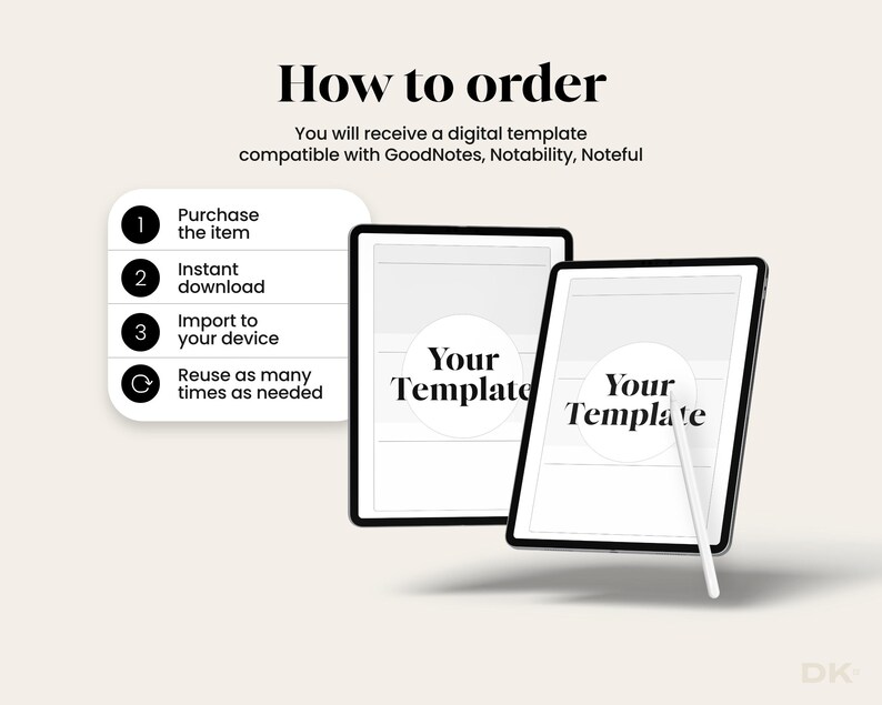 May include: Digital template product image. Two tablets with black bezels display the text "Your Template". A white stylus rests on one tablet. The image includes the text "How to order" and instructions.