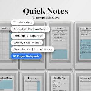 Może przedstawiać: Szablony cyfrowych notatników dla reMarkable Move, z tekstem "Quick Notes". Zawiera szablony do blokowania czasu, list kontrolnych, planów tygodniowych i list zakupów. Obraz przedstawia kilka stron cyfrowego notatnika.