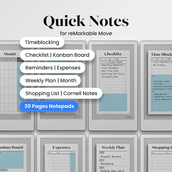 Quick Notes for reMarkable Move Template Digital Notes Task Planner Notebook fits reMarkable Pro Move Productivity Notes Daily Tracker Pad