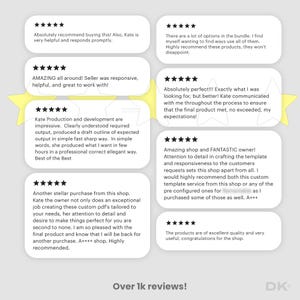May include: Image displaying customer testimonials with star ratings and positive feedback on products and service. Reviews commend the seller's responsiveness, quality, and attention to detail. The text "Over 1k reviews!" is also visible.