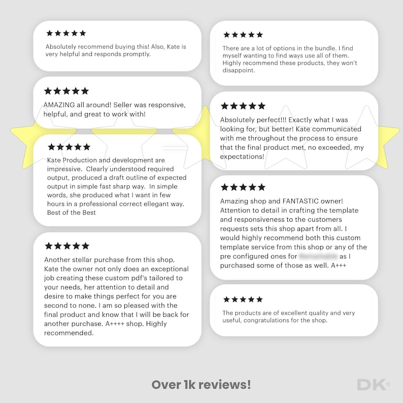 May include: Image displaying customer testimonials with star ratings and positive feedback on products and service. Reviews commend the seller's responsiveness, quality, and attention to detail. The text "Over 1k reviews!" is also visible.