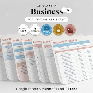 Könnte beinhalten: Ein digitales Business-Hub für virtuelle Assistenten. Das Bild zeigt Tabellenkalkulationstabellen mit Titeln wie "Finanzen", "Leads" und "Rechnungen". Das Produkt ist kompatibel mit Google Sheets und Microsoft Excel und verfügt über 17 Tabs.