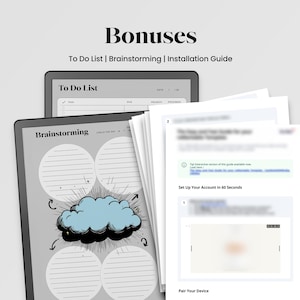 May include: Image of a tablet displaying a "To Do List" and "Brainstorming" layout, with a cloud graphic. Accompanying the tablet are printed guides with the text "Bonuses" and "Installation Guide".