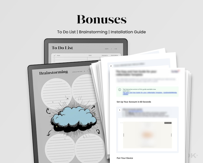 May include: Image of a tablet displaying a "To Do List" and "Brainstorming" layout, with a cloud graphic. Accompanying the tablet are printed guides with the text "Bonuses" and "Installation Guide".