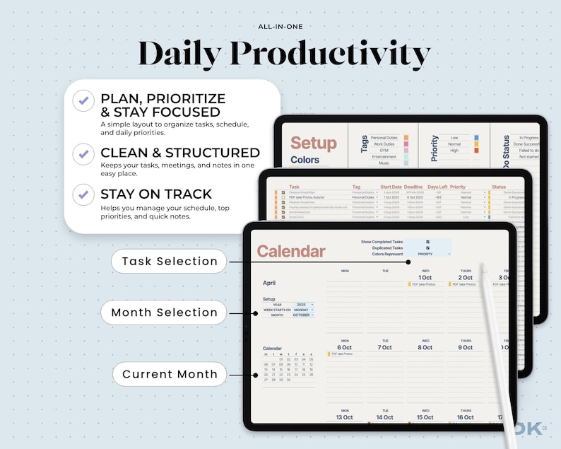 Smart Calendar Tab
Smart calendar view inside the task tracker template with filter options for priority, tags, and deadlines — ideal for small business owners who need a visual to-do list with deadline countdowns and automated completion tracking.