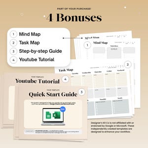 Puede incluir: Un conjunto de plantillas beige y blanco con el texto "4 Bonos" y los t&iacute;tulos "Mind Map", "Task Map", "Step-by-step Guide" y "Youtube Tutorial". La imagen incluye un port&aacute;til con una hoja de c&aacute;lculo en la pantalla.