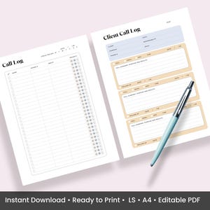 Puede incluir: Dos plantillas de registro de llamadas imprimibles. La primera plantilla es un registro de llamadas simple con columnas para la fecha, la hora, el número de teléfono y las notas. La segunda plantilla es un registro de llamadas de clientes con columnas para el nombre del cliente, el correo electrónico, la fecha de la cita, la fecha de seguimiento, el resumen de la llamada y las notas.