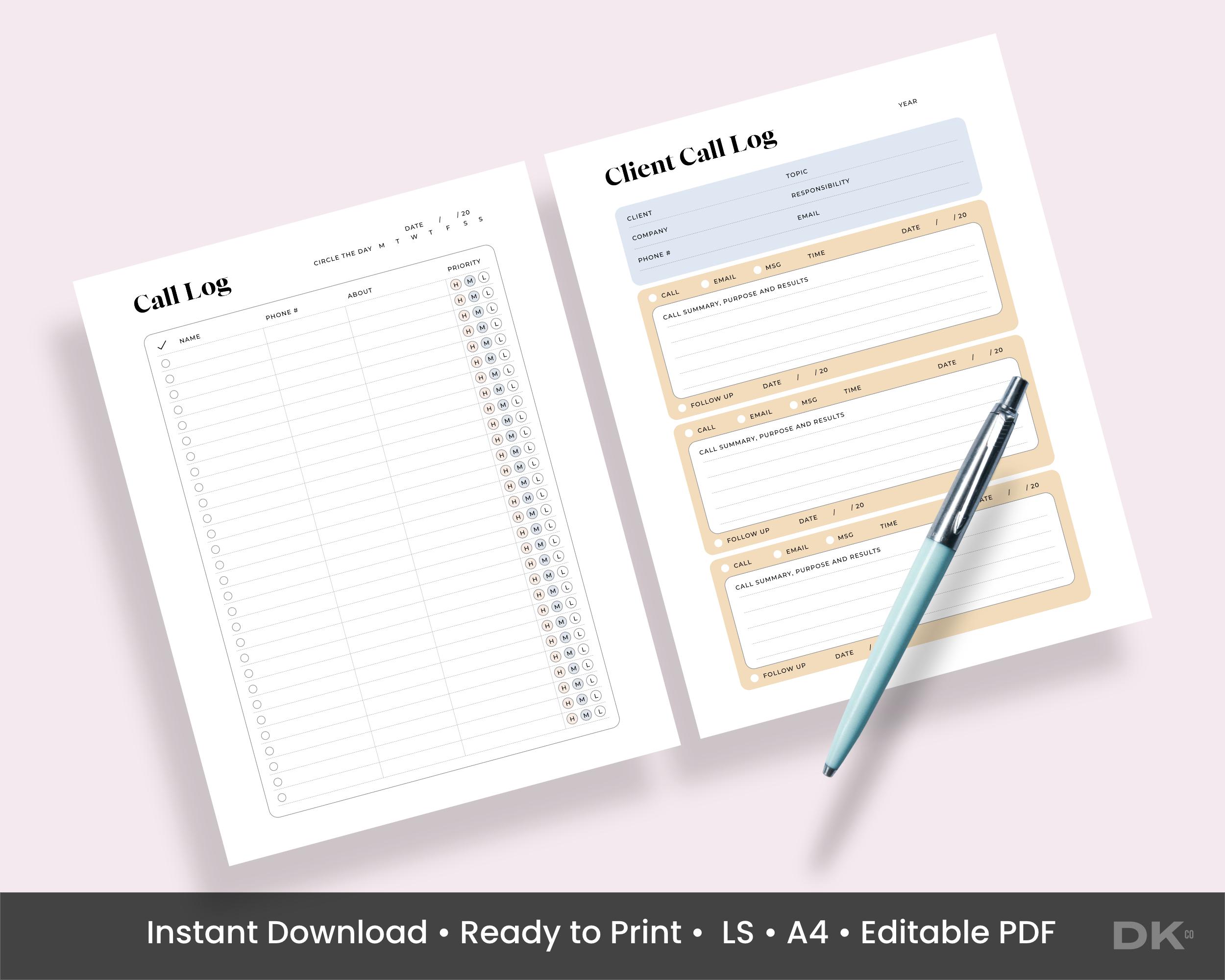 Printable Client Log Template Digital Schedule Client Call Tracker Contact Client Log Phone Call Template Tracker Daily Call Sale Log Client