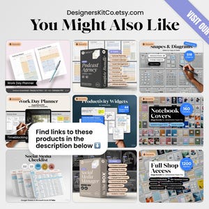 Pode incluir: Imagem promocional mostrando v&aacute;rios produtos de planejamento digital. A imagem apresenta uma grade de maquetes de produtos, incluindo planejadores de dias de trabalho, pacotes de ag&ecirc;ncias de podcast e listas de verifica&ccedil;&atilde;o de m&iacute;dia social. O texto inclui "You Might Also Like" e "Visit Our Shop."