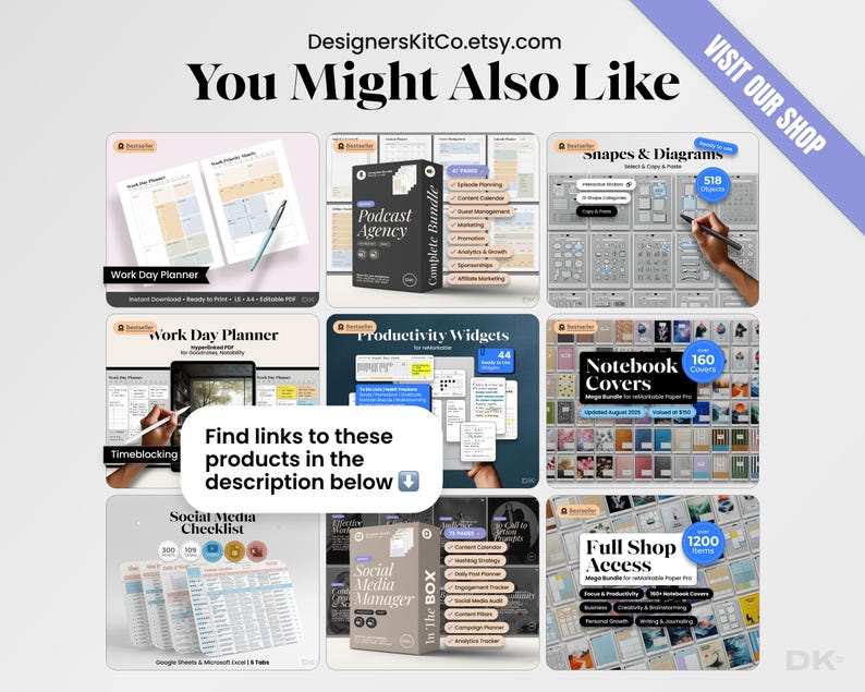 Pode incluir: Imagem promocional mostrando v&aacute;rios produtos de planejamento digital. A imagem apresenta uma grade de maquetes de produtos, incluindo planejadores de dias de trabalho, pacotes de ag&ecirc;ncias de podcast e listas de verifica&ccedil;&atilde;o de m&iacute;dia social. O texto inclui "You Might Also Like" e "Visit Our Shop."