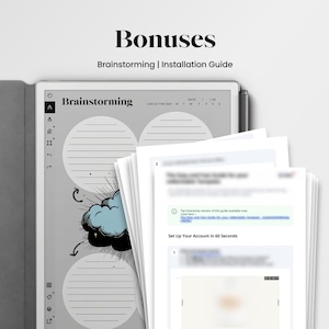 May include: A digital tablet displaying a brainstorming template with a blue cloud graphic and lined circles, accompanied by a stack of printed installation guide pages. The screen features a sidebar with icons and the text Brainstorming at the top.