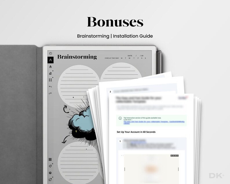 May include: A digital tablet displaying a brainstorming template with a blue cloud graphic and lined circles, accompanied by a stack of printed installation guide pages. The screen features a sidebar with icons and the text Brainstorming at the top.