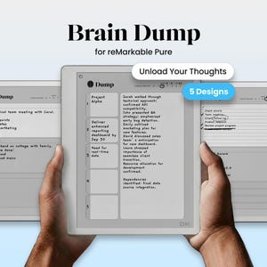 May include: Image of three reMarkable tablets displaying notes and the text "Brain Dump for reMarkable Pure." The tablets show handwritten notes and the phrase "Unload Your Thoughts." The image also highlights "5 Designs."