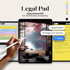 Può includere: Blocco note legale digitale per Goodnotes e Notability, con un PDF ipertestuale, 30 pagine per sezione e 7 opzioni di colore. L'immagine mostra un tablet con una penna, evidenziando le caratteristiche e il design del prodotto.