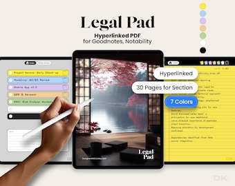 May include: Digital legal pad for Goodnotes and Notability, featuring a hyperlinked PDF with 30 pages per section and 7 color options. The image shows a tablet with a stylus, showcasing the product's features and design.