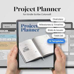 Könnte beinhalten: Ein digitaler Projektplaner für Kindle Scribe Colorsoft mit einer Titelseite mit dem Text Project Planner und einer Liste von Abschnitten wie Overview, Milestones & Timeline, Risks & Issues, Task List und 14 Templates auf einem Bildschirm.