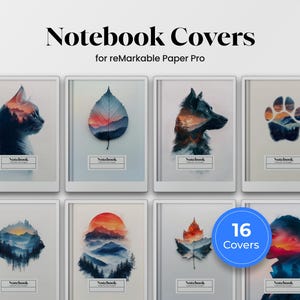以下が含まれることがあります： reMarkable Paper Pro タブレット用のデジタルノートブックカバー16点セット。カバーは、猫、狼、葉、足跡、山脈、夕焼け、森など、自然からインスピレーションを得たさまざまなデザインが特徴です。