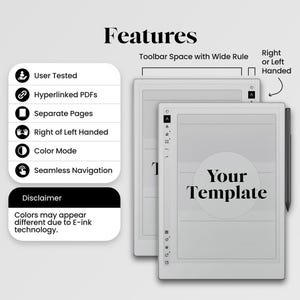 May include: A white e-reader with a black stylus and the text "Your Template" on the screen. The e-reader has a toolbar space with a wide rule and features like user tested, hyperlinked PDFs, separate pages, right or left handed, color mode, and seamless navigation.