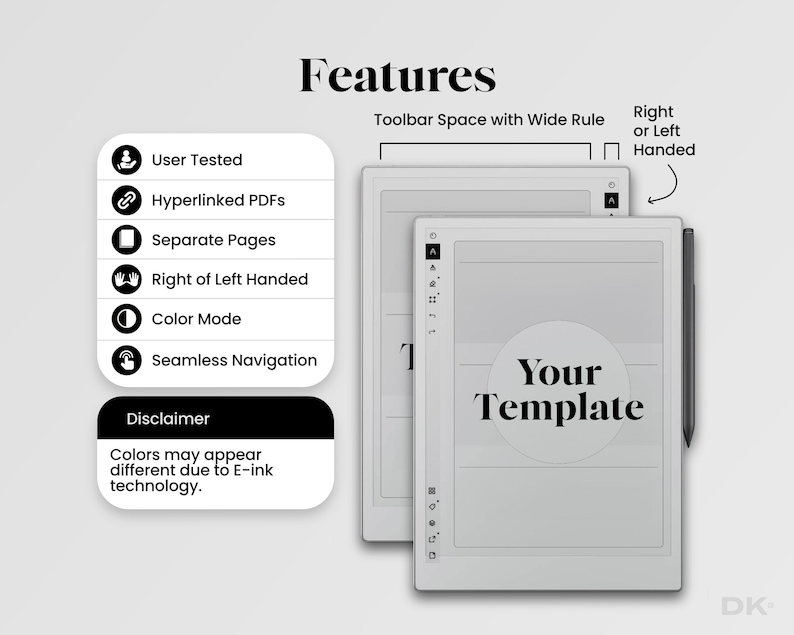 May include: A white e-reader with a black stylus and the text "Your Template" on the screen. The e-reader has a toolbar space with a wide rule and features like user tested, hyperlinked PDFs, separate pages, right or left handed, color mode, and seamless navigation.
