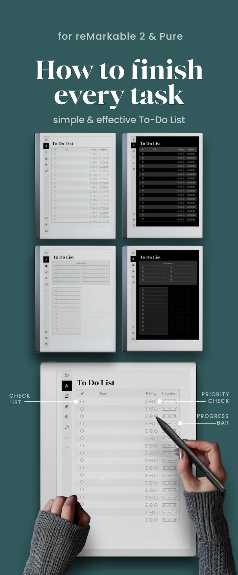 To Do List for reMarkable 2 and reMarkable Pure Template Simple Planner Daily Task List Digital Checklist Dark Mode Toolbar Wide Rule