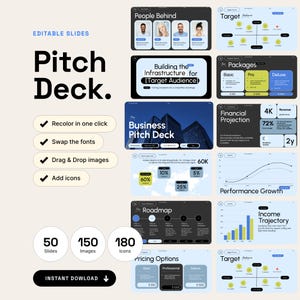 Może przedstawiać: Zestaw cyfrowych szablonów prezentacji typu pitch deck zawierający 50 slajdów, 150 obrazów i 180 ikon. Układ zawiera różne wykresy, diagramy i pola tekstowe z nagłówkami takimi jak People Behind, Target Audience, Packages, Financial Projection i Roadmap.