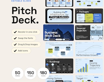 May include: A digital pitch deck template set featuring 50 slides, 150 images, and 180 icons. The layout includes various charts, graphs, and text boxes with headings like People Behind, Target Audience, Packages, Financial Projection, and Roadmap.