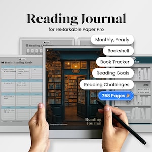 May include: A digital reading journal for reMarkable Paper Pro. The journal features a bookstore image and options for monthly and yearly tracking, bookshelf organization, book tracking, reading goals, and challenges. The journal has 758 pages.