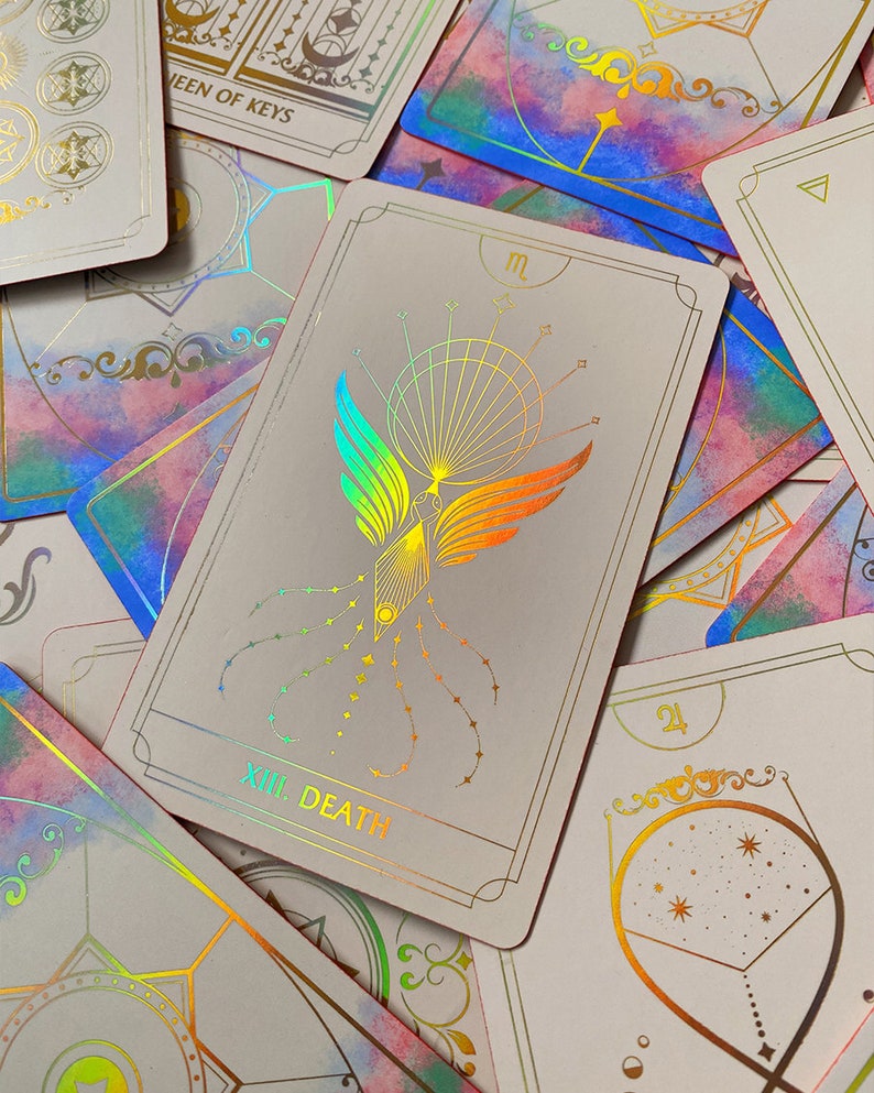 LIMITED EDITION Fortuna Tarot Deck Opal Omen | Minimalistic Cards Rainbow Foil 78 Cards | Gold Foil | Beginners and Experts with GuideBook image 1