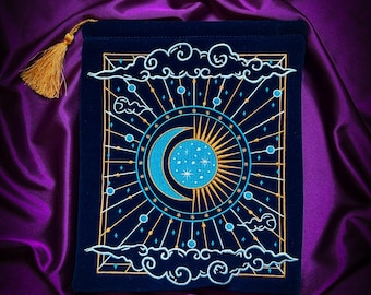 Celestial Book Sleeve – Velvet Embroidered Book Pouch for Fantasy Readers | Tarot Satchel, iPad & E-Reader Case | Protection Sleeve