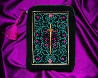 Strength E-Reader Sleeve – Velvet Embroidered Book Pouch for Fantasy Readers | Tarot Satchel, iPad & E-Reader Case | Protection Sleeve