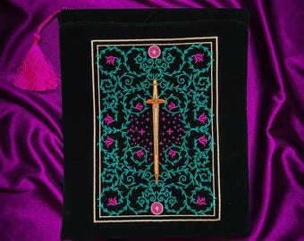 Strength Book Sleeve – Velvet Embroidered Book Pouch for Fantasy Readers | Tarot Satchel, iPad & E-Reader Case | Protection Sleeve
