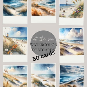 50 carteles de postales de acuarela imprimibles de 50 tarjetas "en el mar" - descarga digital de arte del comedor