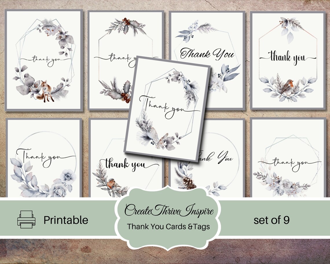 Printable Floral Thank You Cards, Set of 9 (PDF & JPG) - Etsy