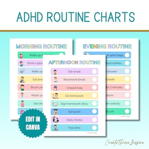 May include: ADHD routine charts with morning, afternoon, and evening schedules. Each chart features colorful illustrations and text for daily tasks like eating, brushing teeth, and homework. The phrase "Edit in Canva" is also visible.