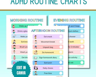 ADHD routine charts editable, ADHD daily visual schedule,  ADHD parent resources, Canva templates printable Neurodiversity Family routine
