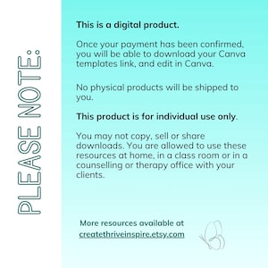 May include: A digital product announcement on a light blue background. Text includes "PLEASE NOTE:" and details about Canva templates, individual use, and a website address. A butterfly graphic is in the bottom right corner.