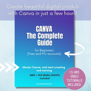 May include: A digital product guide titled "CANVA The Complete Guide" for beginners, with a blue and purple gradient background. The guide includes video tutorials and resell rights. The text reads "Create beautiful digital products with Canva in just a few hours!"