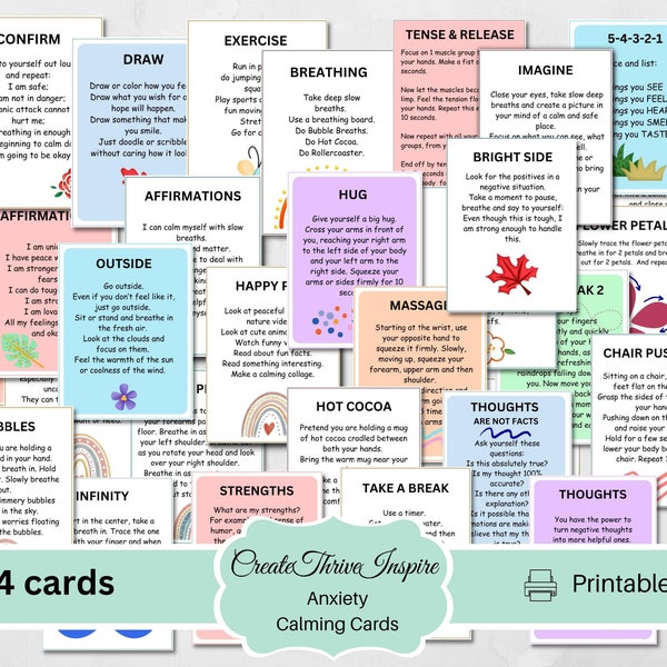 Anxiety Cards Calming Cards Coping Skills Cards Cue Cards for Anxiety Flash Cards for Anxiety Therapy Tool Printable Calm Down Techniques