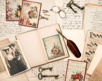 Set di biglietti di Natale vintage, elementi grafici stampabili per junk journal (PDF e JPEG)