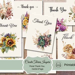 May include: Printable thank you cards featuring watercolor floral bouquets in various colors, including sunflowers, succulents, and roses. The text "Thank You" is written on each card.