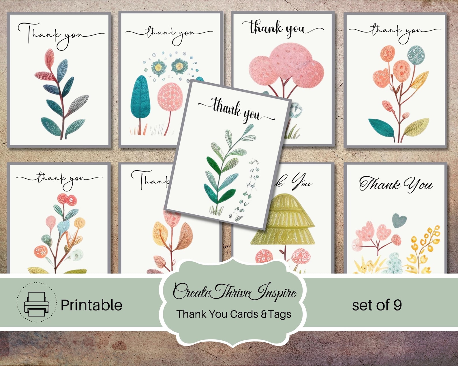 Printable Thank You Cards Set, Colorful Floral Design (PDF & JPG) - Etsy
