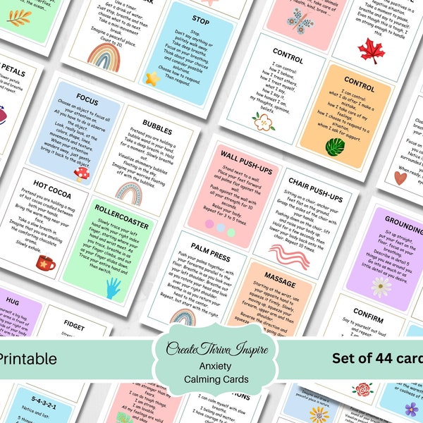 Calming Cards Coping Skills Cards Anxiety Flashcards Therapy Tools Printable Calm Down Techniques Calming Strategies Anxiety bundle children