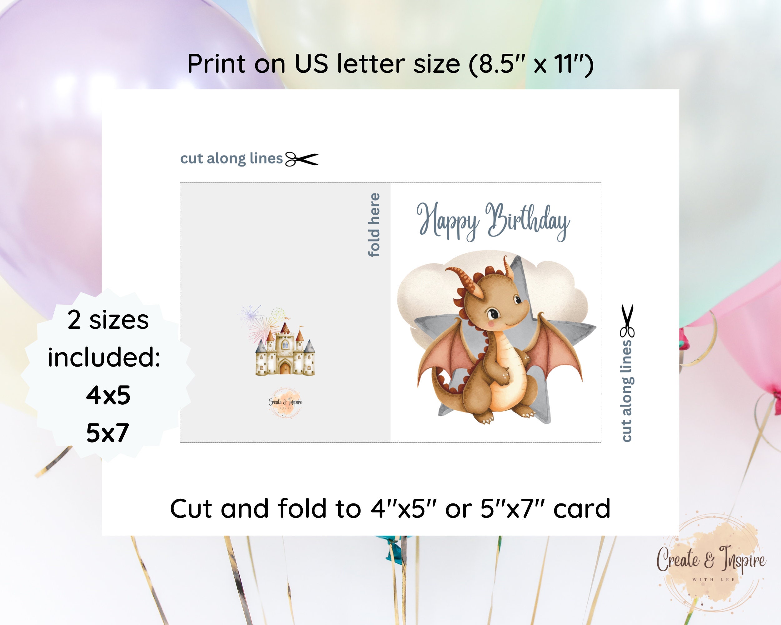 Biglietto di auguri di compleanno con drago carino / Design stampabile per bambini (download digitale) - Italia