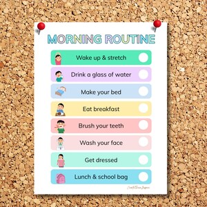 May include: A colorful "Morning Routine" chart pinned to a corkboard. The chart lists steps with illustrations: wake up, drink water, make bed, eat breakfast, brush teeth, wash face, get dressed, and pack lunch. The text is in a playful font.