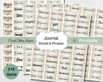 May include: Printable journal stickers with words and phrases on a beige background. The stickers feature a variety of words and phrases, including "Bloom", "True Love", "Patience", "Joy", "Daisies", "Create Joy", "Wellness", "Moonlight", "Play", "Sunshine", and "Pray".