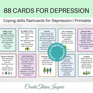 Tarjetas con técnicas de afrontamiento de la depresión, técnicas de TCC, ciclo de la depresión, tarjetas con consejos para aliviar la depresión, habilidades para la ansiedad, tarjetas de autocuidado para imprimir