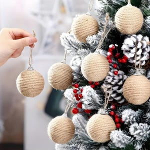 9pc Rustic Burlap & Jute Ornament, Eco Rustic 9 Piece Round Christmas Ornament Set, Farmhouse Tree Decorations, Natural Boho Holiday Decor